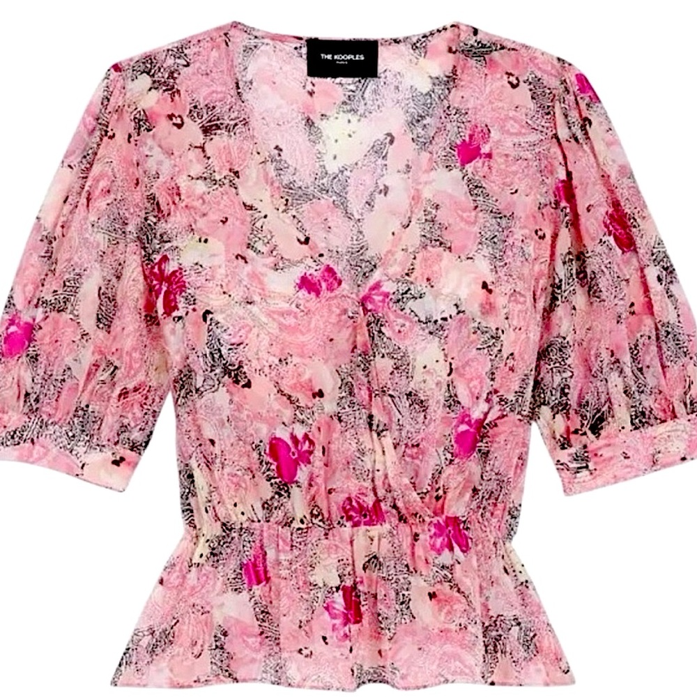 The Kooples Pink Floral V-Neck Blouse Short Sleeve Elastic Waist Size XS NWT